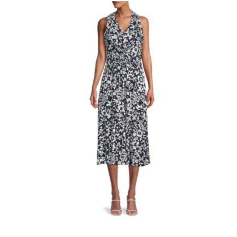 Tommy Hilfiger Floral Lined, Gathered Front, Sleeveless Midi Dress